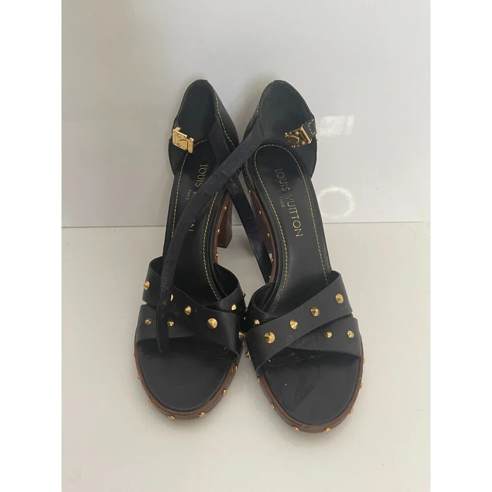 Fashion!!! Louis Vuitton Black Leather Nail Stud Ankle Strap heels - Picture 5 of 10